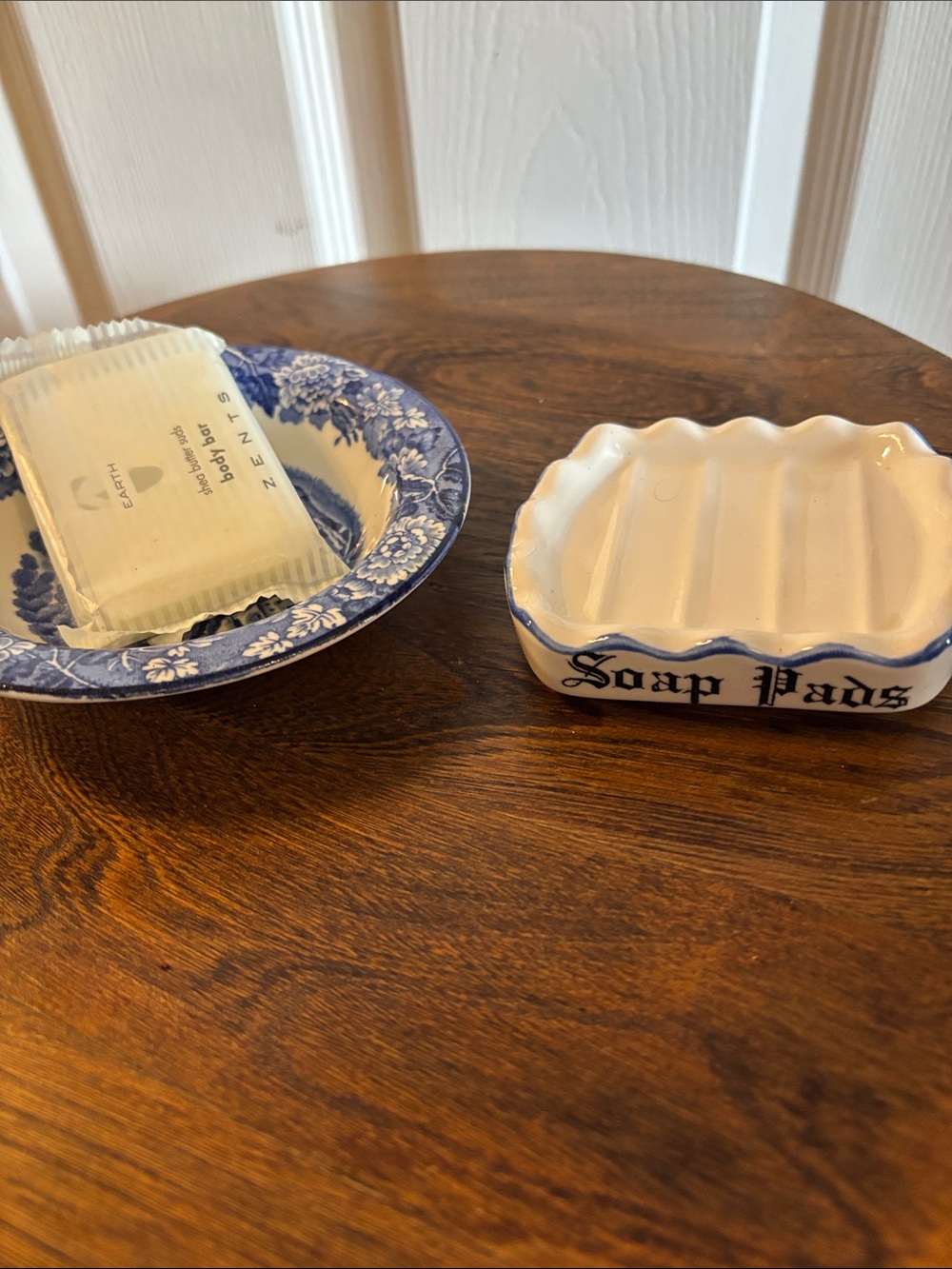 White Ceramic 'Soap Pads' Holder with Blue Trim and Bowl for Soap